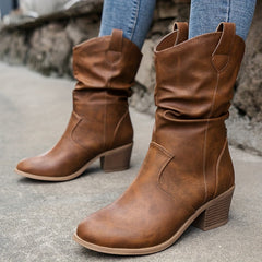Women's Chunky Heel Cowboy Boots Slip On Retro Western Style