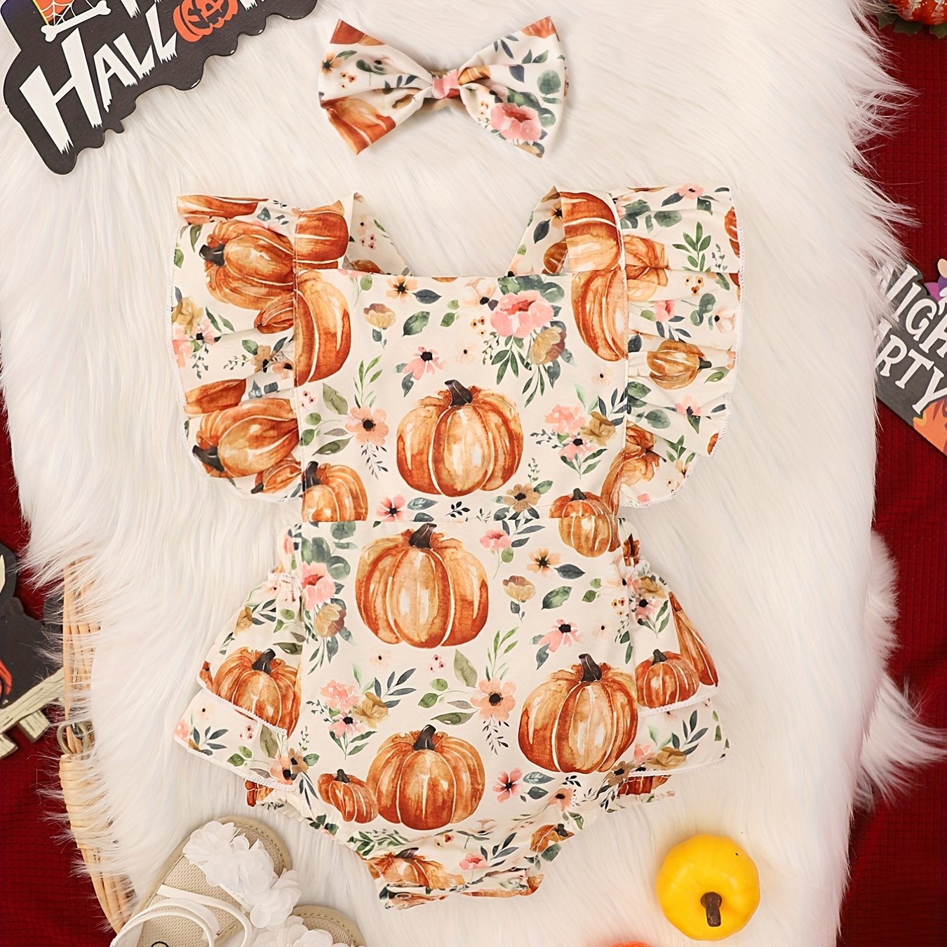 Baby Girls Halloween Pumpkin Print Bodysuit & Headwear Set