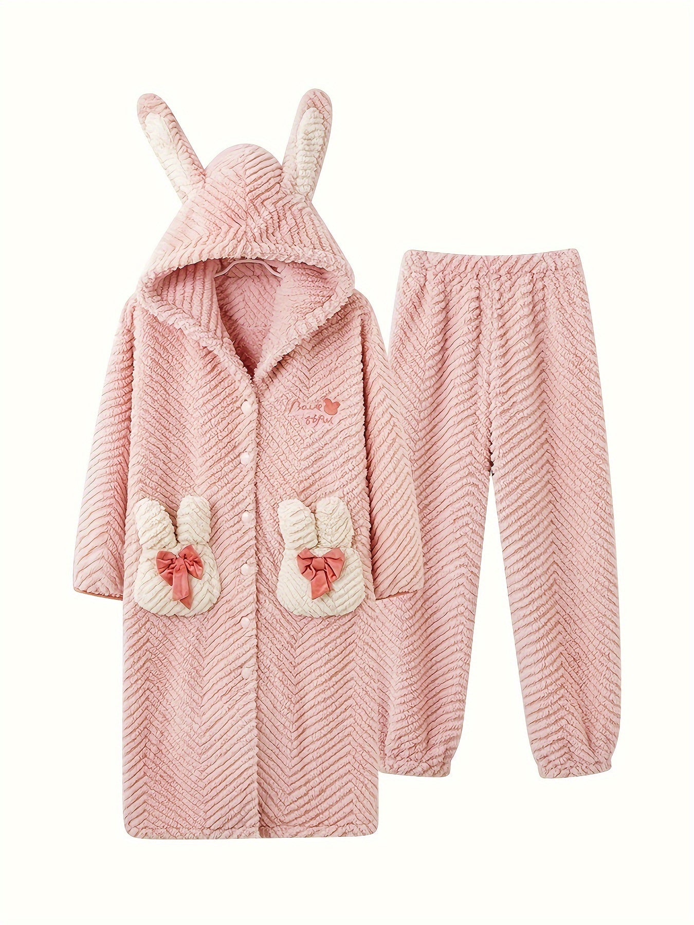 Cat Fuzzy Pajama Set Long Sleeve Hooded Robe & Pants Women's Sleepwear