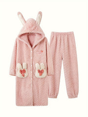 Cat Fuzzy Pajama Set Long Sleeve Hooded Robe & Pants Women's Sleepwear