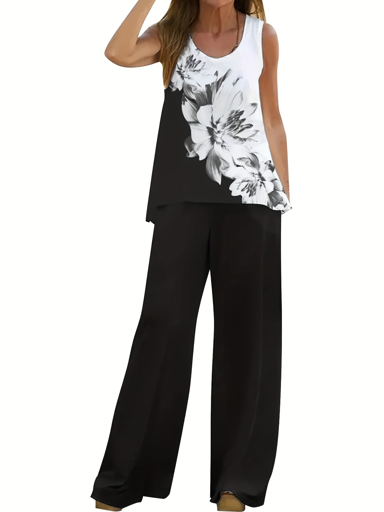 Floral Print Colorblock Tank Top & Pants Set