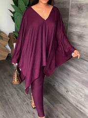 Casual Two Piece Set V Neck Ruched Long Sleeve Tops & Slim Pants