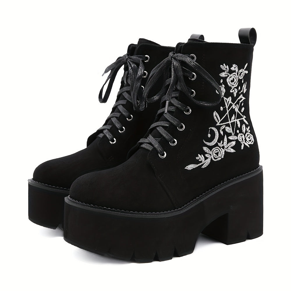 Women's Side Zipper Boots with Flower Embroidery Details