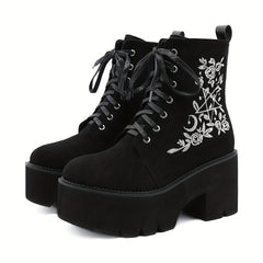 Women's Side Zipper Boots with Flower Embroidery Details