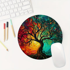 Colorful Tree Pattern Round Mouse Pad Non-slip Rubber Base