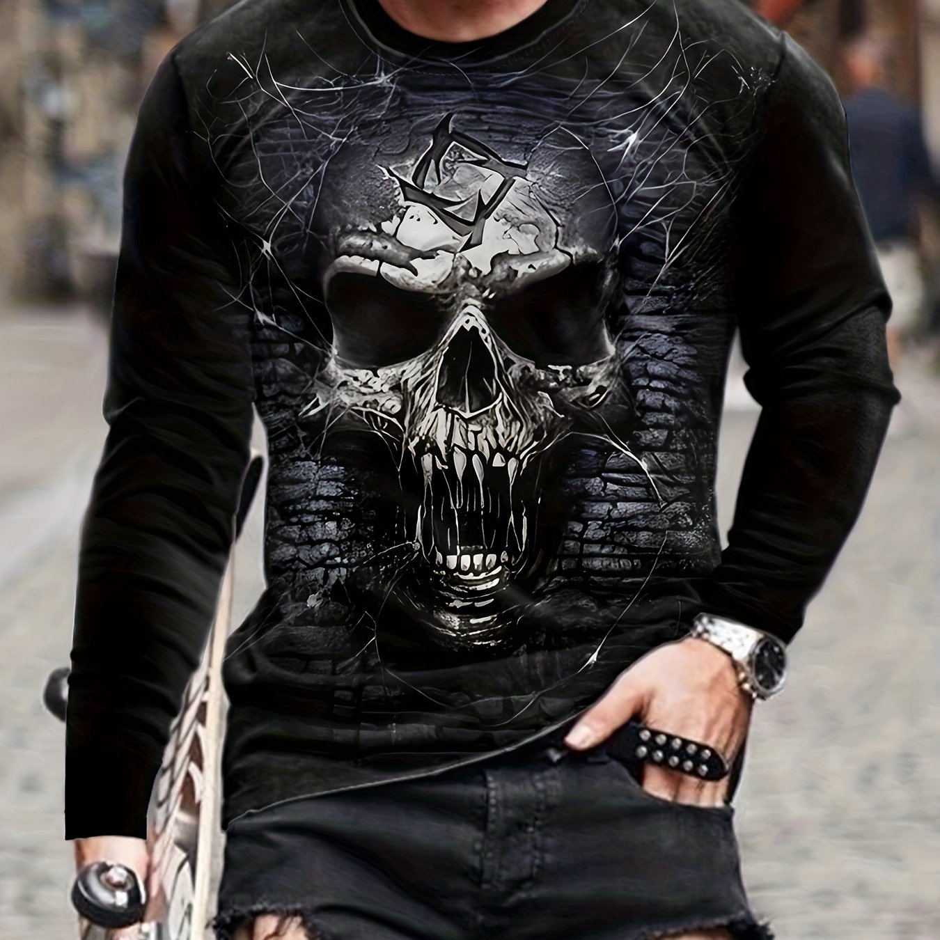Skull 3D Print Men's Long Sleeve Tee Autumn Mens Clothing