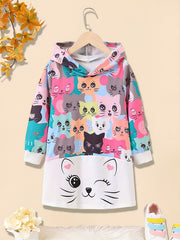 Girls' Kitty Print Casual Hooded Sweatshirt Kids' Hoodie Pullover Coat