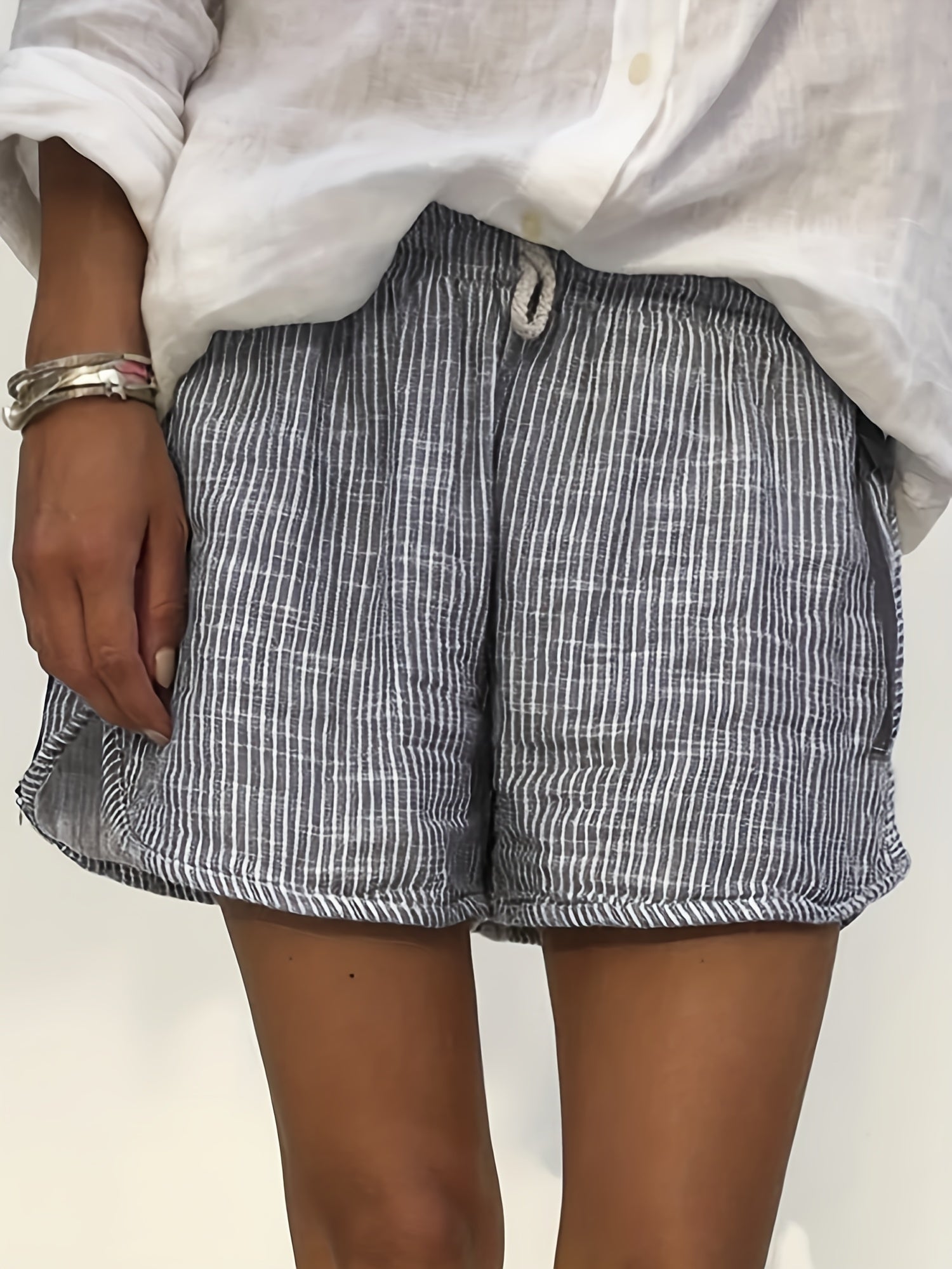 Women's Plus Stripe Print Rhinestone Drawstring Loose Shorts