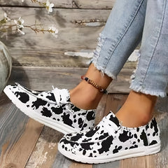 Cow Print Lace Up Sneakers Women's Lightweight Loafers