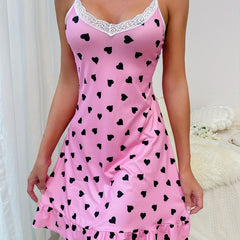 Heart Print Ruffle Nightdress V Neck Sleep Dress