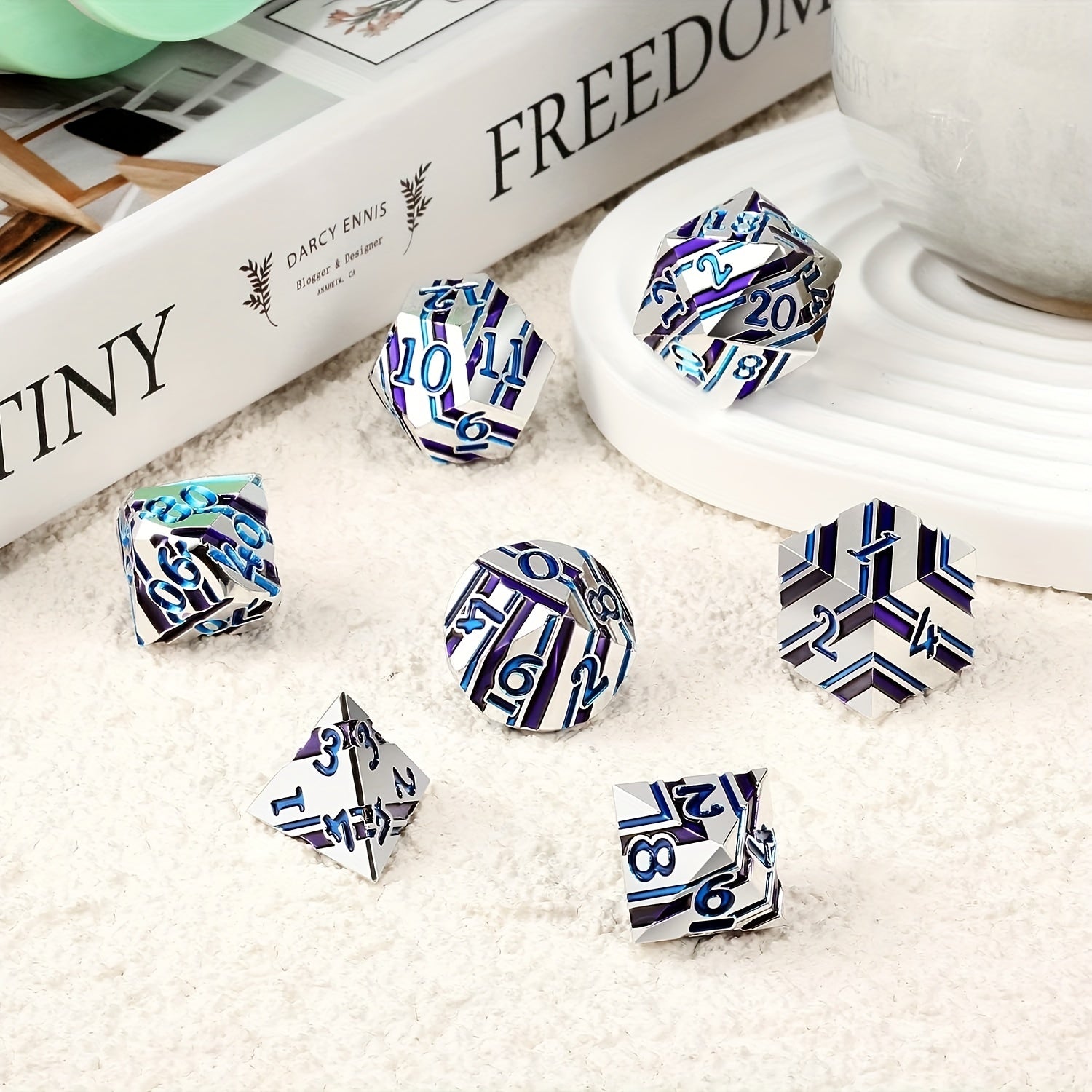 Metal Set of 7 Striped Dice Table Dice for Party Gathering