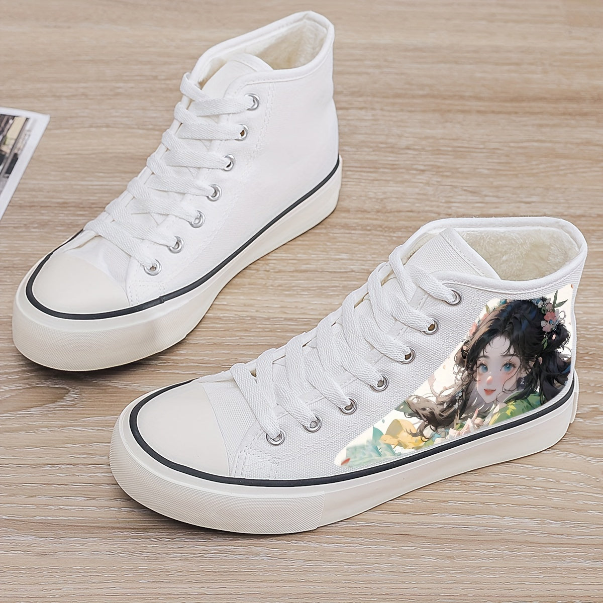 Anime Girl Print Plush Lined Chunky Canvas Sneakers