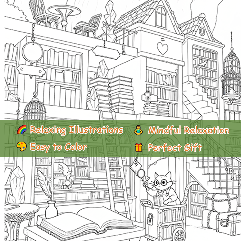 Deluxe Edition Adult Coloring Book Unique Bookshelf & Cozy for Family Friends