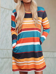 Colorful Stripe Print Long Sleeve Dress With Pockets