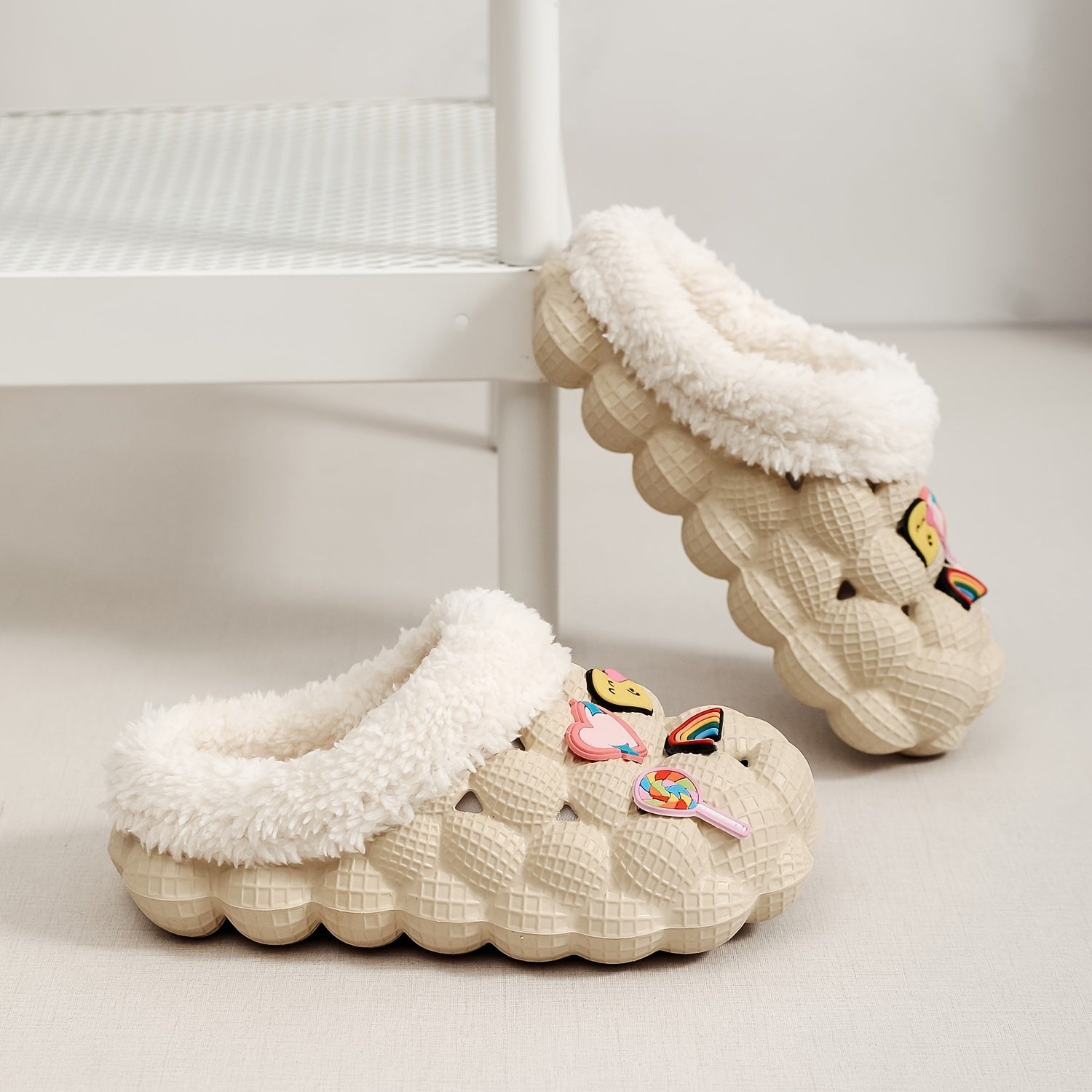 Girls' Fleece House Shoes with Cartoon Charms, Non Slip Soft Bottom