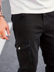 Slim Fit Cargo Jeans Mens Casual Pocket Solid Mid Stretch Jeans
