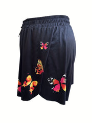 Women's Butterfly Print Sports Shorts Elastic Drawstring
