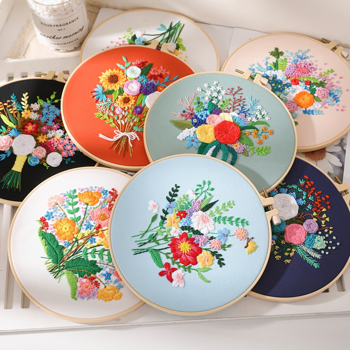 3pcs Embroidery Kit Flower Bouquet Pattern with Hoop 7 9 Inch DIY Gift