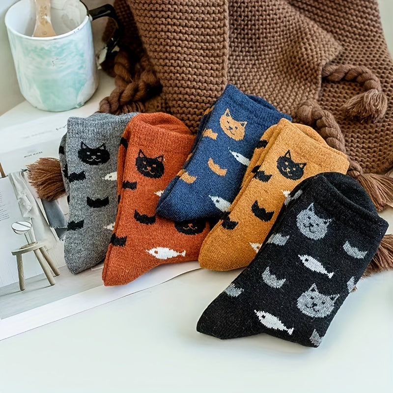 5 Pairs Cartoon Cat Print Socks Women's Mid Tube Stockings