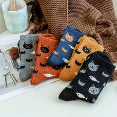 5 Pairs Cartoon Cat Print Socks Women's Mid Tube Stockings