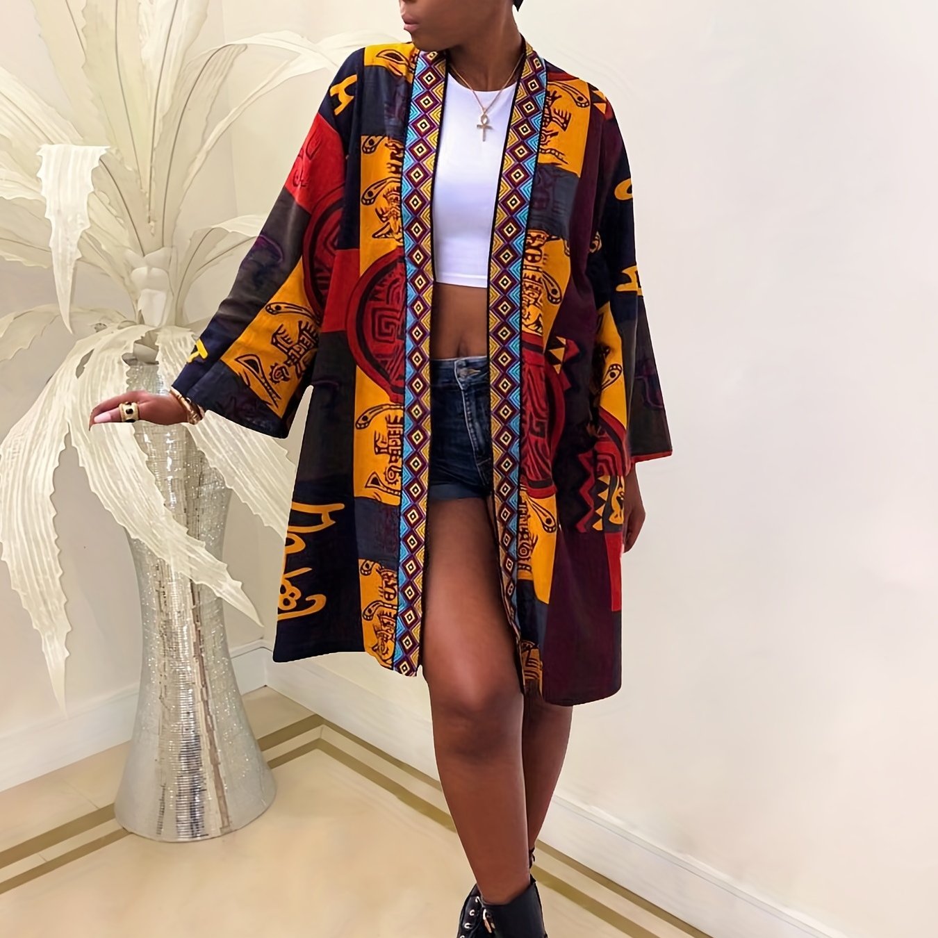 Abstract Print Open Front Jacket Casual Long Sleeve Mid Length Outerwear
