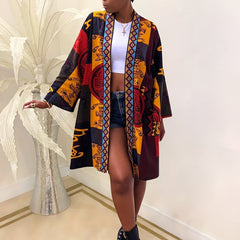 Abstract Print Open Front Jacket Casual Long Sleeve Mid Length Outerwear