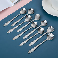 9pcs Stainless Steel Flower Coffee & Dessert Spoons, Rose Silver-Plated