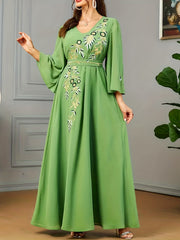 Floral Embroidery V Neck Maxi Jalabiya Dress