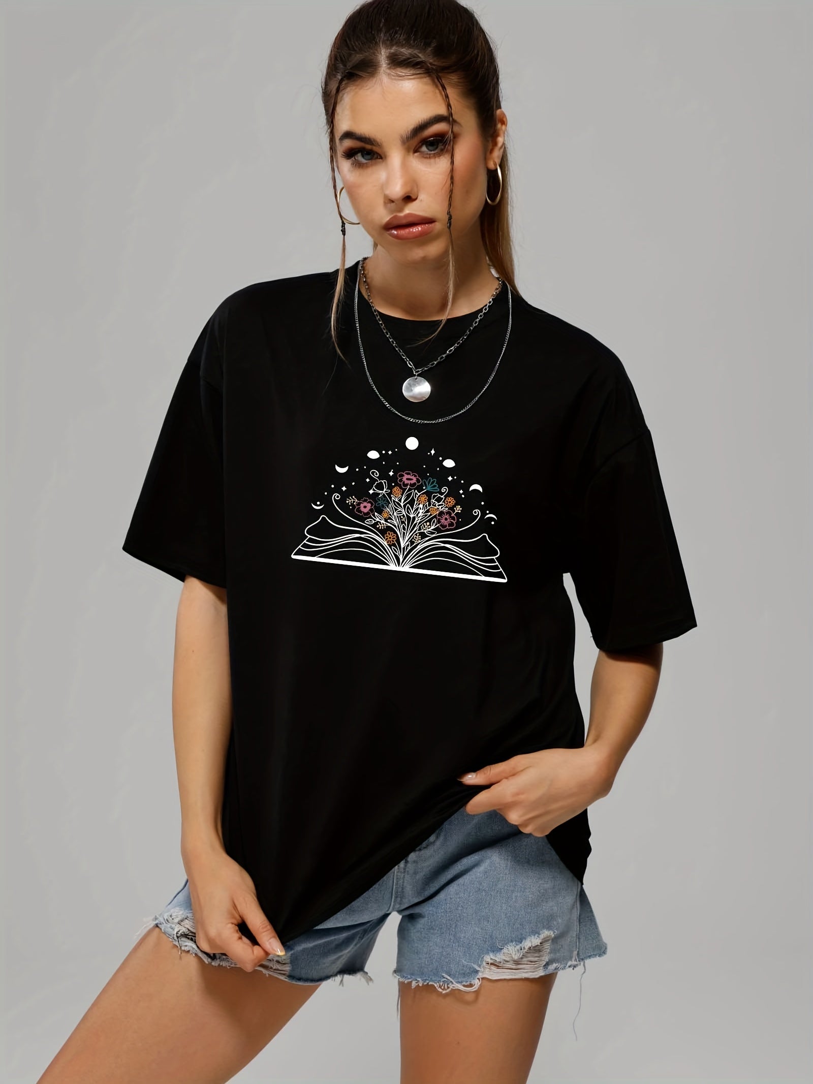 Book & Flower Print Summer Sports T-shirts for Women