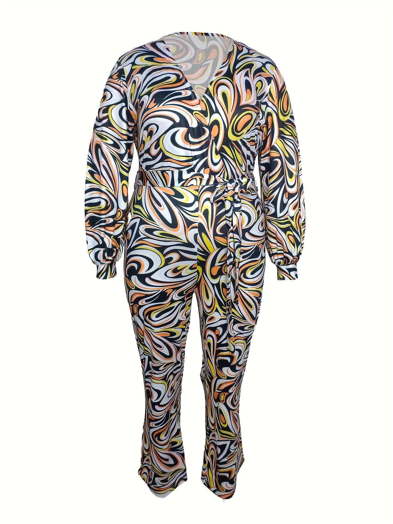 Casual Plus Size Allover Print Lantern Sleeve Wide Leg Jumpsuit