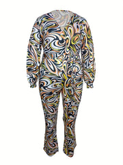 Casual Plus Size Allover Print Lantern Sleeve Wide Leg Jumpsuit
