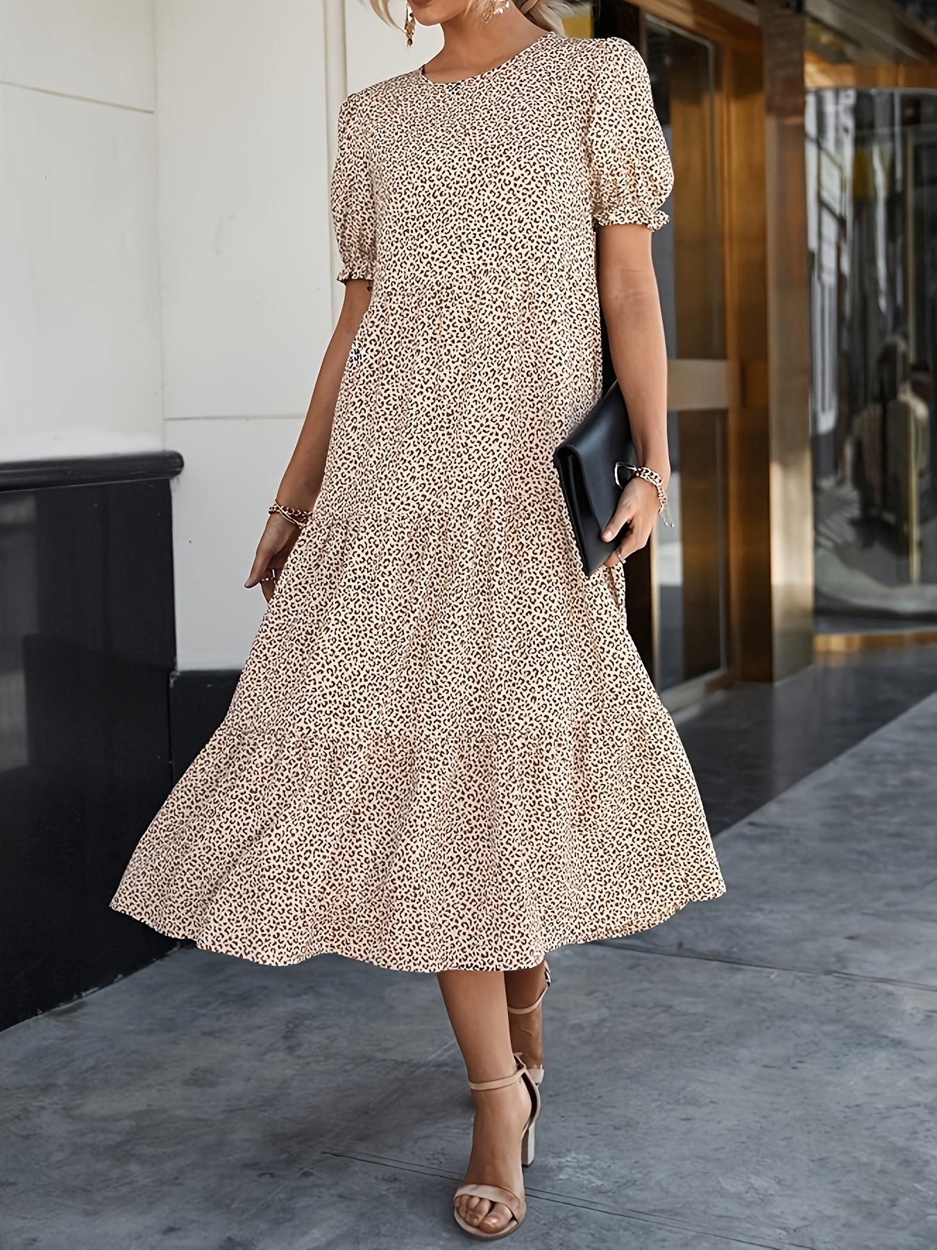 Leopard Print Puff Sleeve Smock Maxi Dress