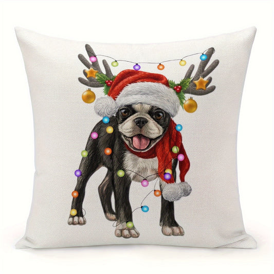 Boston Terrier Christmas Pillow Cover Farmhouse Throw Xmas Festive Cushion