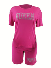 Rhinestone Queen 2Pc Set Crew Neck T-shirt & Shorts Women's Outfits