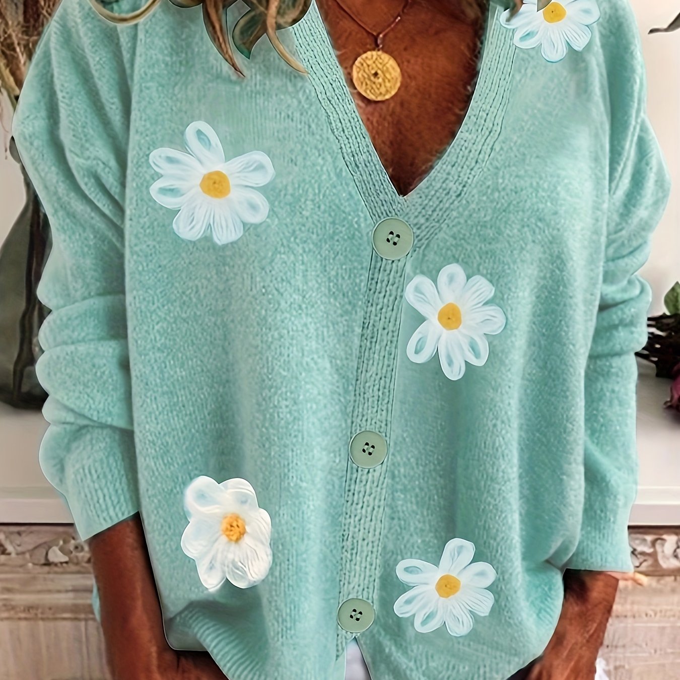 Floral Cardigan Long Sleeve V Neck