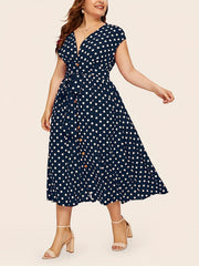 Polka Print Cap Sleeve V Neck Dress With Belt