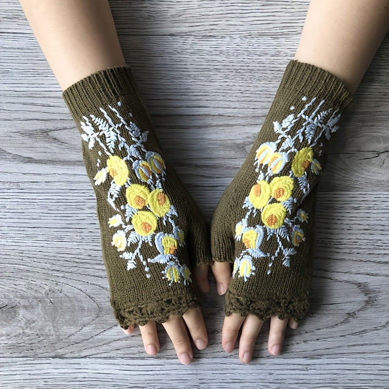 Hand Crochet Gloves Small Yellow Flower Embroidered Winter Warm Ladies Half