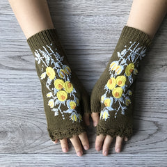 Hand Crochet Gloves Small Yellow Flower Embroidered Winter Warm Ladies Half