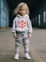 Girls Heart Pattern Hooded Sweatshirt Sweatpants Set
