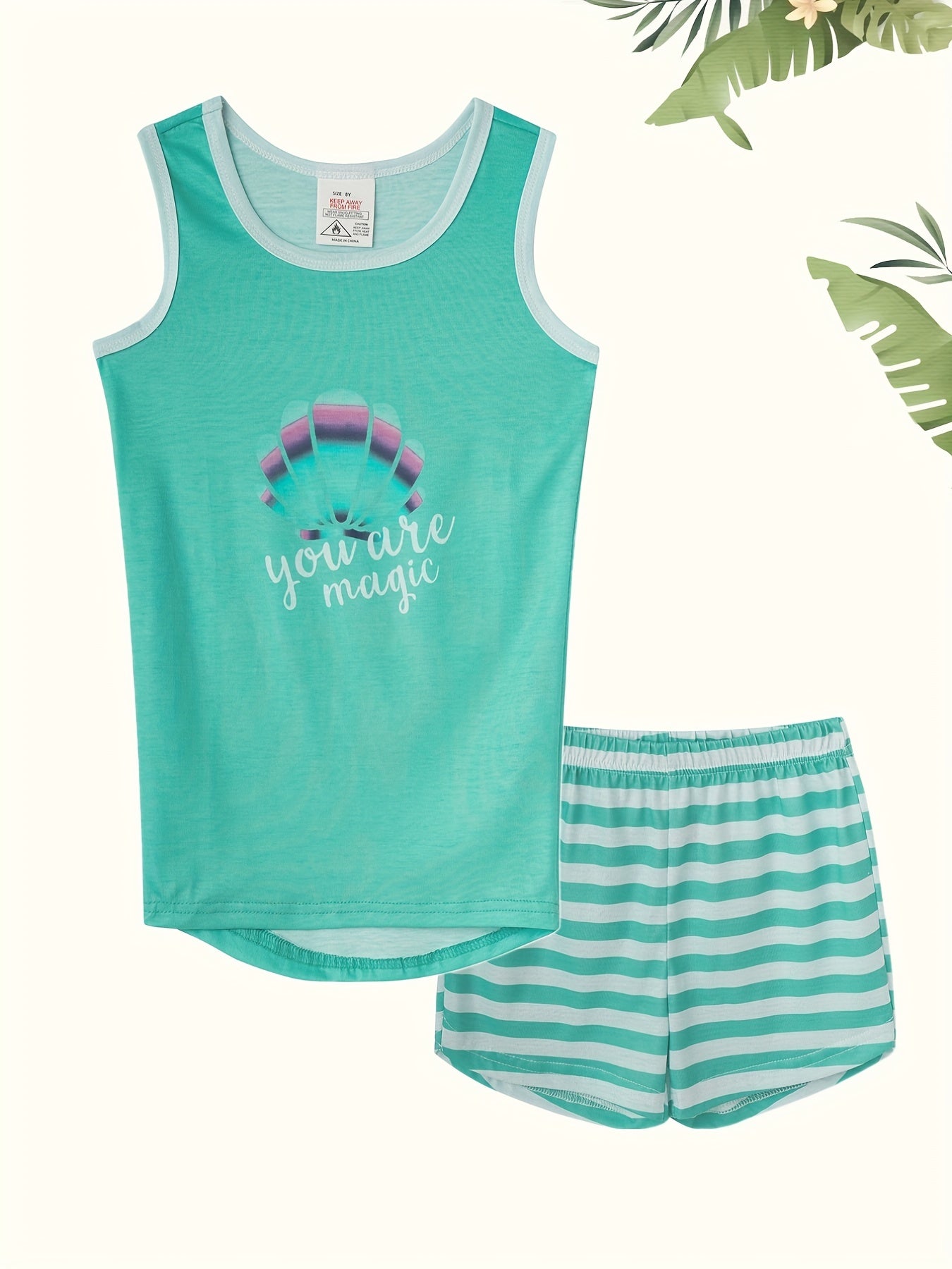 Girl's 2pcs PJ Tank Top & Shorts Set Magical Shell Print Loungewear