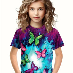 3D Butterfly Print Short Sleeve T-shirt for Boys and Girls
