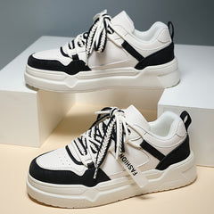 Women's Block Faux Leather Chunky Sneakers - Casual Heighten Skate Shoes