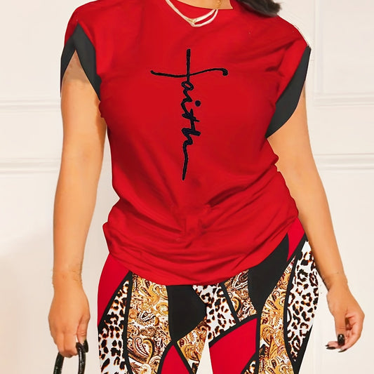 Women's Plus Cross Print Tee & Leopard Shorts Outfit Set