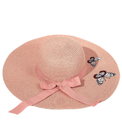 Pink Butterfly Embroidery Sun Hat Wide Brim Straw Beach Hat