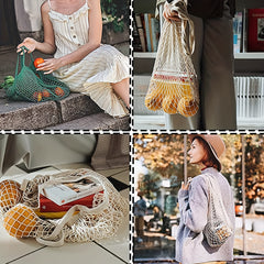 2pcs Reusable Cotton Mesh Grocery Bags with Long Handle - Colorful