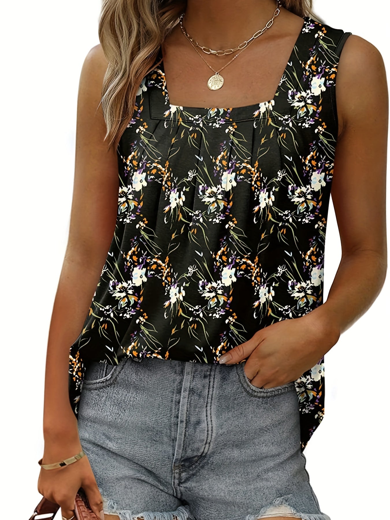 Floral Print Square Neck Tank Top
