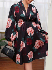 Casual Dress Women's Plus Floral Print Lantern Sleeve V Neck Dress