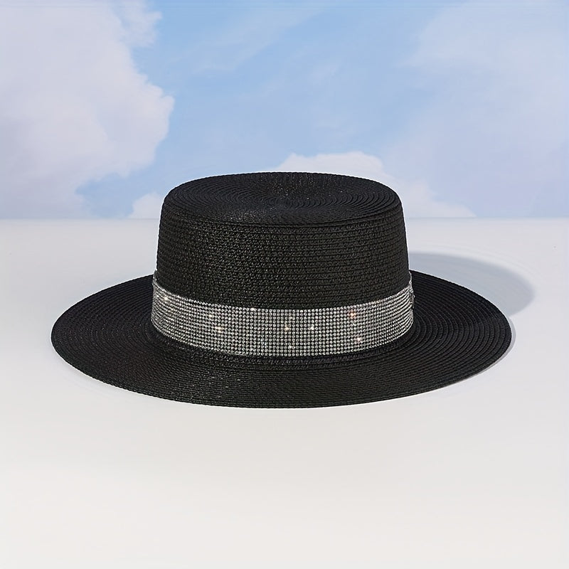 Rhinestone Strap Sun Hat M Label Decor Straw Jazz Hat Flat Top Fedora Cap