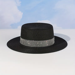 Rhinestone Strap Sun Hat M Label Decor Straw Jazz Hat Flat Top Fedora Cap
