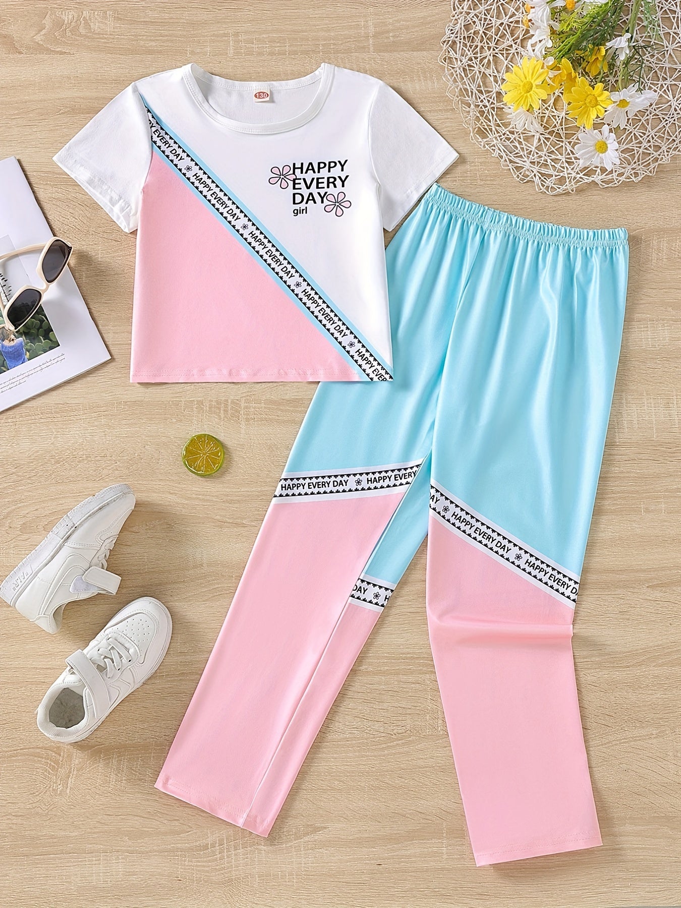 Girls Colorblock Short Sleeve Sports Tee & Shorts Set